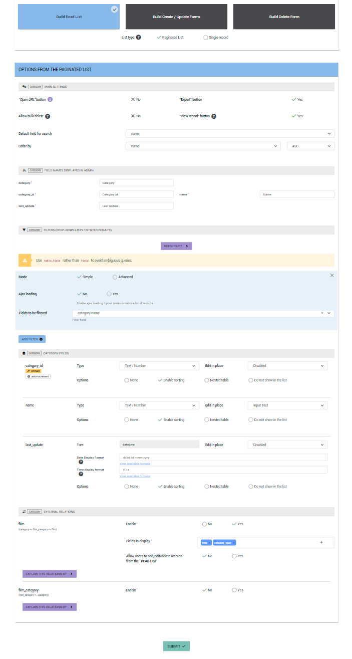 PHP CRUD Generator Read Lists